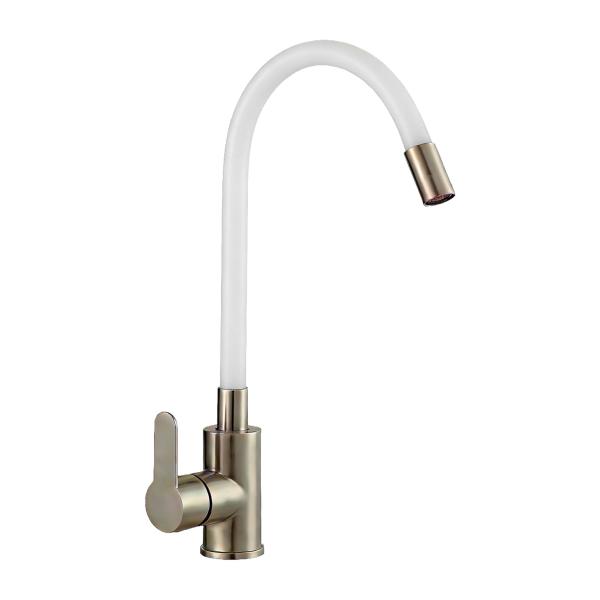 Смеситель для кухни Avrora Kitchen гибкий излив AV9002SW, нержавеющая сталь, белый излив