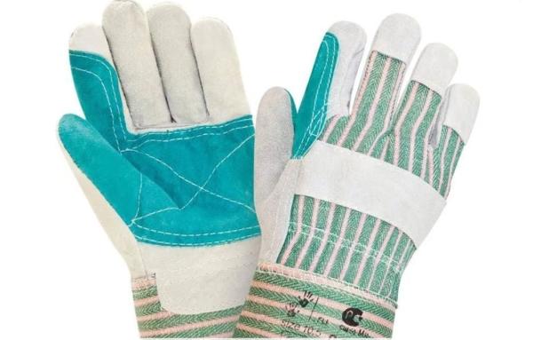 Перчатки спилковые усиленные комбинированные, бело-зеленые, 2Hands