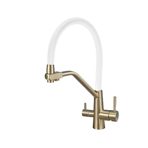 Смеситель для кухни Avrora Kitchen под фильтр, гибкий излив AV9006Gold, золотой, белый излив