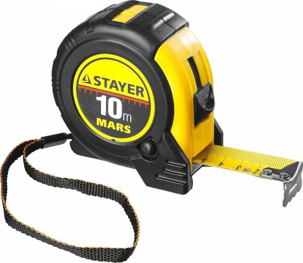 Рулетка STAYER MARS 10мх25мм, обрезиненный корпус, 2 фиксатора, утолщенное полотно, Professional (34131-10_z01)