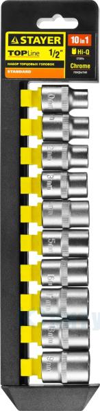 Набор: Торцовые головки  (1/2") на пластиковом рельсе, 10-19мм, 10 предметов, STAYER "STANDARD" (27755-H10)