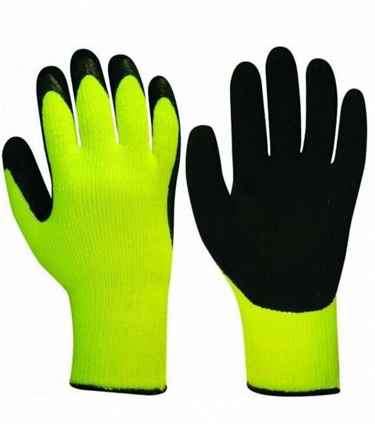 Перчатки акриловые с ворсом 10 класс утепленные, латексное покрытие, желто-зеленые