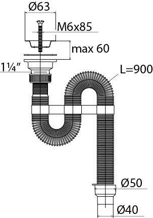 Сифон гофр. VIR с нерж. чашкой Ø63 мм (1¼"- Ø40/50) VIRPLAST 30980314