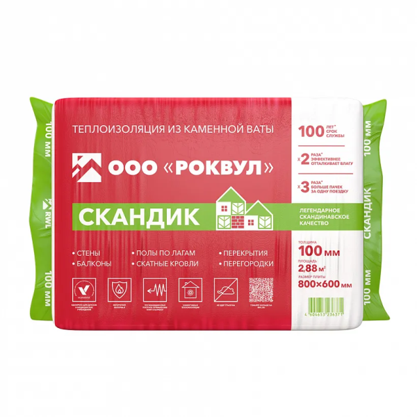 Утеплитель Роквул Лайт Баттс Скандик 100 мм, 600х800 мм, 2,88 м²