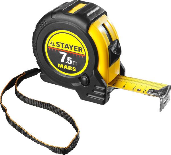 Рулетка STAYER BlackMax 8,0мх25мм, обрезиненный корпус, утолщенное полотно, клавиша "быстрый стоп", (3410-08_z02)