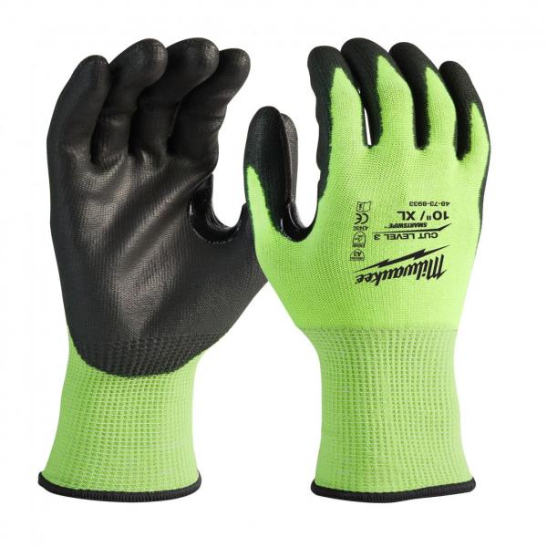 Перчатки защитные Hi-Vis Cut level 3/C, х/б, 10/XL, полиуретановое покрытие, Milwaukee