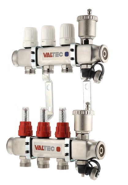 Коллекторная группа со встр. расх. в сборе, Valtec VTc 586 1"х3 вых. евроконус 3/4" нерж. сталь