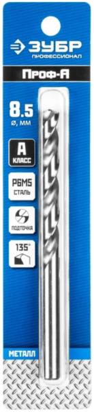 Сверло по металлу 8,5x117/75 мм Р6М5, цилиндрический хвостовик, ЗУБР
