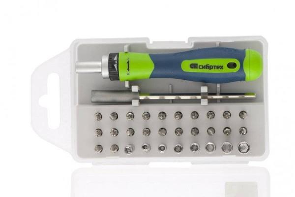 Отвертка реверсивная для точных работ с набором бит и торцев. головок, 32 предмета (13370) (Сибртех)