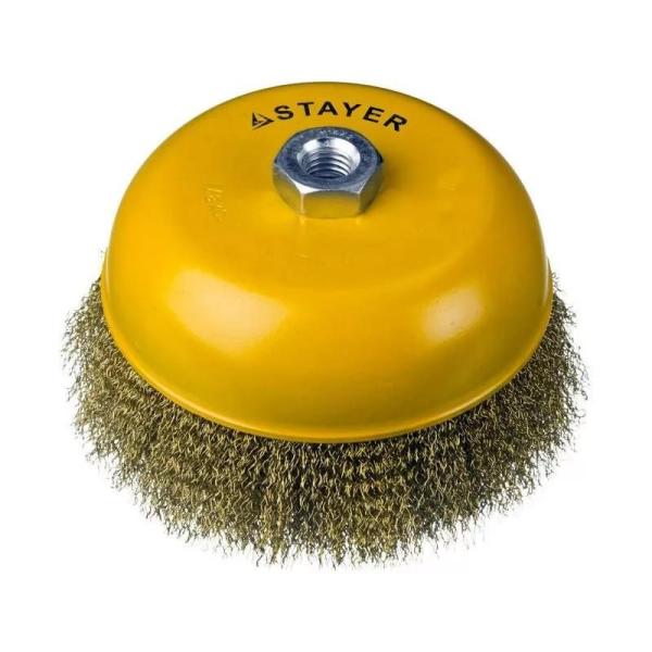 Щетка чашечная для УШМ, витая стальная латунированная проволока 0,3мм, 100ммхМ14, STAYER "PROFI" (35125-100_z01)