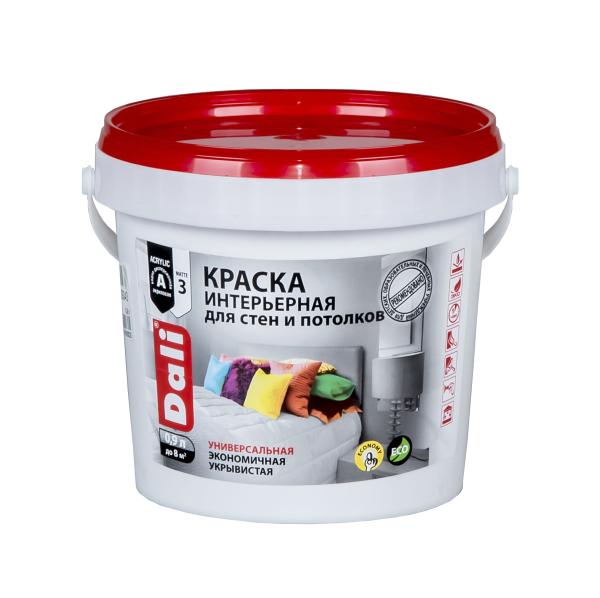 Краска акриловая интерьерная для стен и потолков белая, 0,9 л, Dali