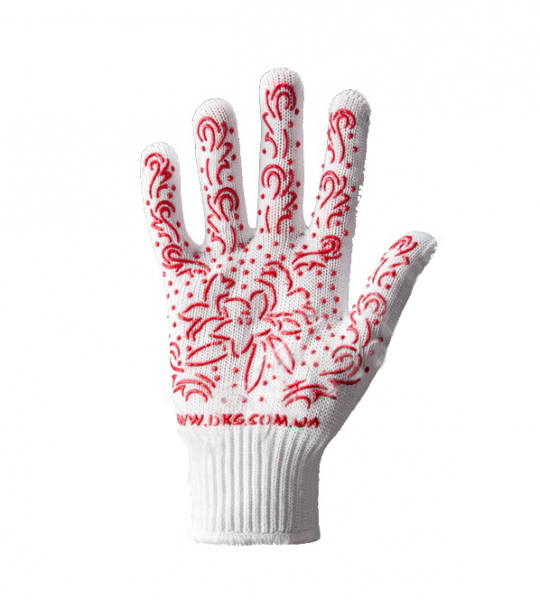 Перчатки трикотажные "Долони" "Цветок" с ПВХ-рисунком (622) 10класс белые