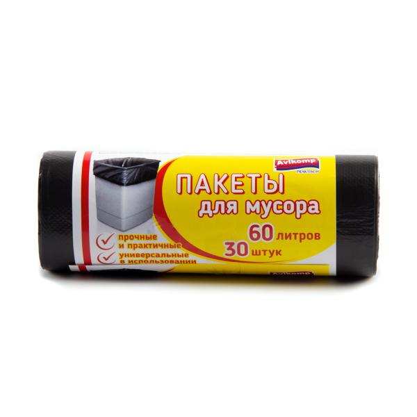 Пакеты для мусора 60л/30шт черные, рулон /Avikomp/
