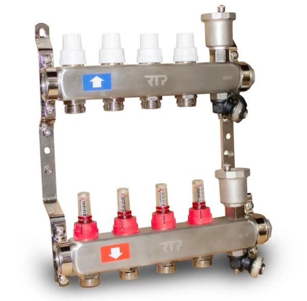 Коллекторная группа для теплого пола с расходомерами и воздухоотводчиками 1"x3/4" евроконус 4 выхода нержавеющая сталь RTP