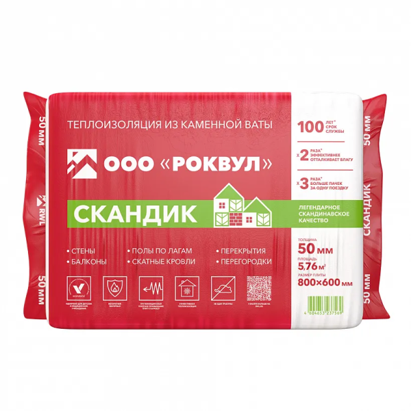Утеплитель Роквул Лайт Баттс Скандик 50 мм, 600х800 мм, 5,76 м²