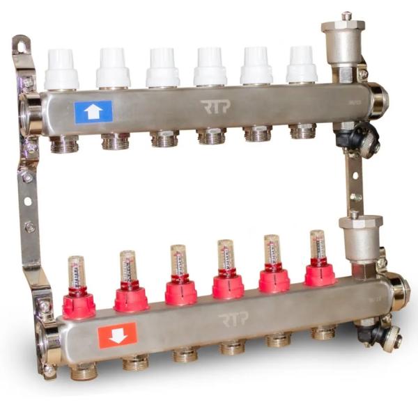 Коллекторная группа для теплого пола с расходомерами и воздухоотводчиками 1"x3/4" евроконус 6 выхода нержавеющая сталь RTP