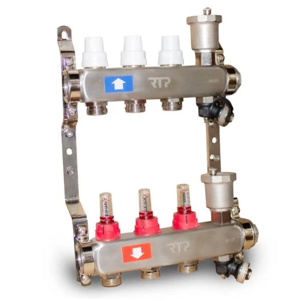 Коллекторная группа для теплого пола с расходомерами и воздухоотводчиками 1"x3/4" евроконус 3 выхода нержавеющая сталь RTP