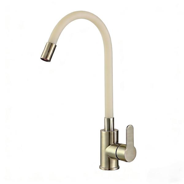 Смеситель для кухни Avrora Kitchen гибкий излив AV9002ST, нержавеющая сталь, бежевый излив