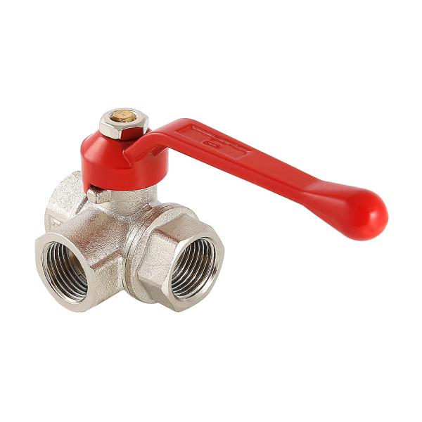 Кран шаровой для воды трехходовой 1/2" вн.-вн.-вн. ручка-рычаг Valtec латунь никелированная