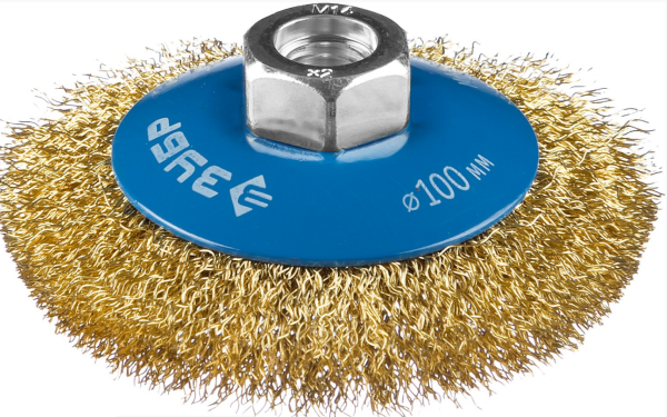 Щетка коническая для УШМ, 100мм, витая латунированная стальная проволока 0,3мм, ЗУБР