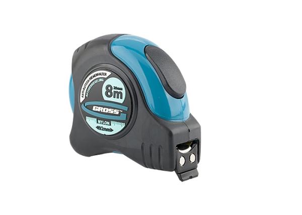 Рулетка Schlagfest, 8мх25мм, магн. обрез зацеп, двухсторон. шкала, нейл. покрытие, автомат(31114) (GROSS)