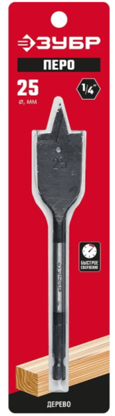 Сверло по дереву перовое 25x152 мм, шестигранный хвостовик, Зубр