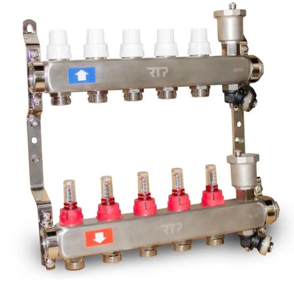Коллекторная группа для теплого пола с расходомерами и воздухоотводчиками 1"x3/4" евроконус 5 выхода нержавеющая сталь RTP