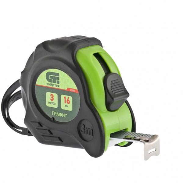 Рулетка Графит 3мх16мм, обрезинен. корпус, амортизатор (32530) (Сибртех)