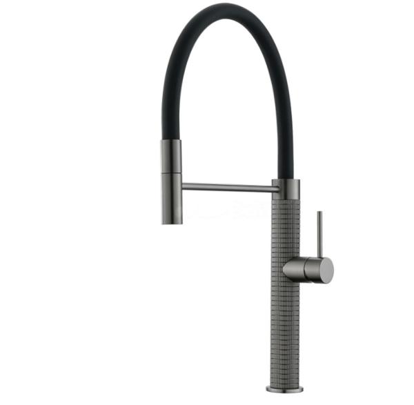 Смеситель для кухни Avrora Kitchen Premier, гибкий излив AV9010GM, оружейная сталь, черный излив