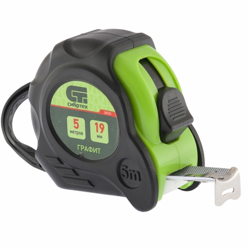 Рулетка Графит 5мх19мм, обрезинен. корпус, амортизатор (32531) (Сибртех)