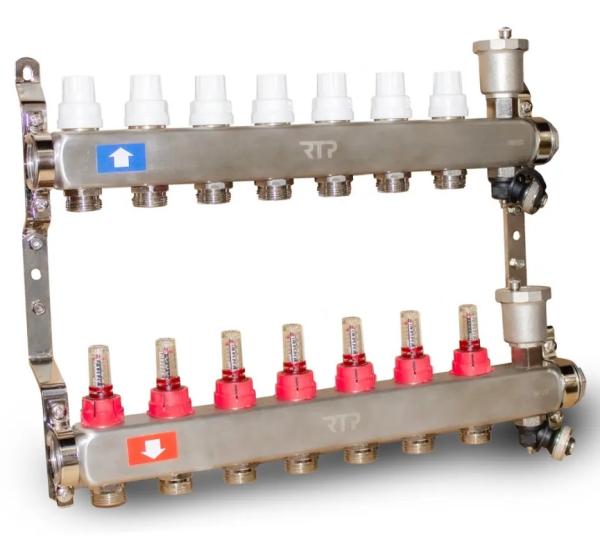 Коллекторная группа для теплого пола с расходомерами и воздухоотводчиками 1"x3/4" евроконус 7 выхода нержавеющая сталь RTP