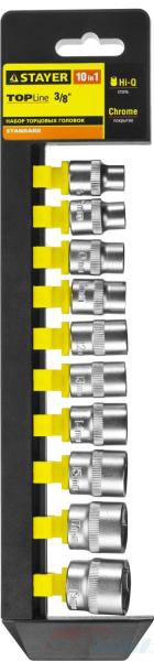 Набор: Торцовые головки  (3/8") на пластиковом рельсе, 8-19мм, 10 предметов, STAYER "STANDARD" (27757-H10)