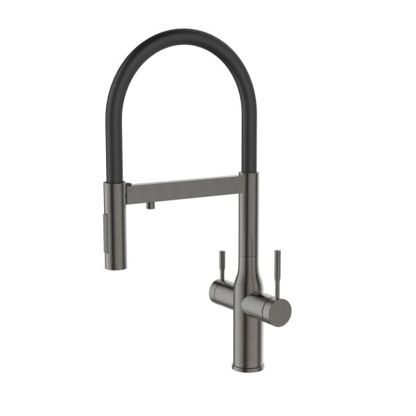 Смеситель для кухни Avrora Kitchen под фильтр, гибкий излив AV9011GM, оружейная сталь, черный излив