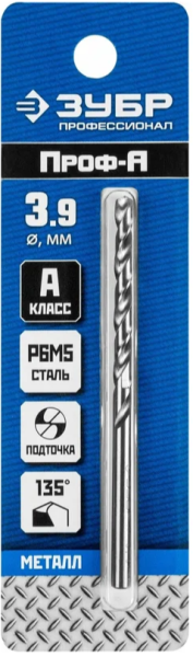 Сверло по металлу 3,9x75/43 мм Р6М5, цилиндрический хвостовик, ЗУБР