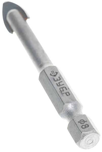 Сверло по стеклу и кафелю 8 мм копьевидное, 2-х резцовый наконечник, шестигранный хвостовик, Зубр