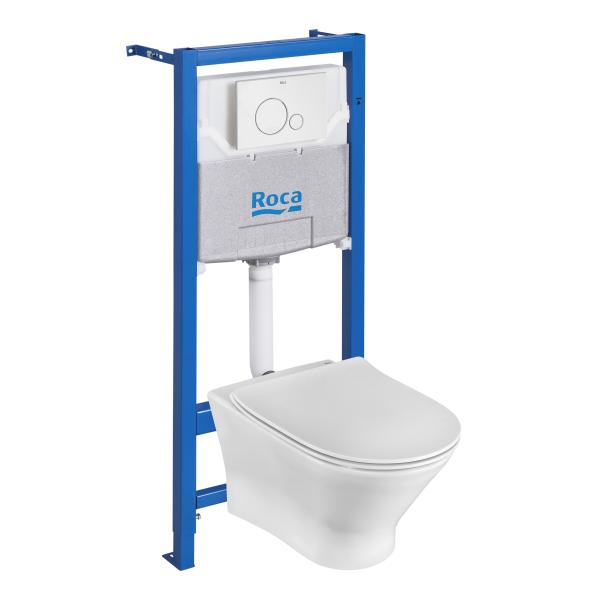 Комплект унитаз подвесной Roca Leon с инсталляцией One, кнопкой Luna и сиденьем soft-close