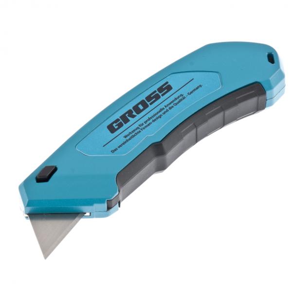 Нож 130мм, алюм корпус, лезвие трапец. 18мм, метал направляющ.,клипса для ремня,+4 лезвия (78899) (GROSS)