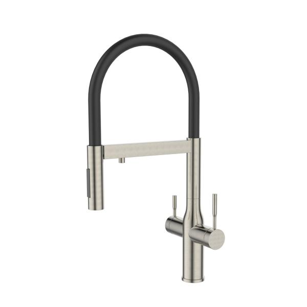 Смеситель для кухни Avrora Kitchen под фильтр, гибкий излив AV9011S, нержавеющая сталь, черный излив